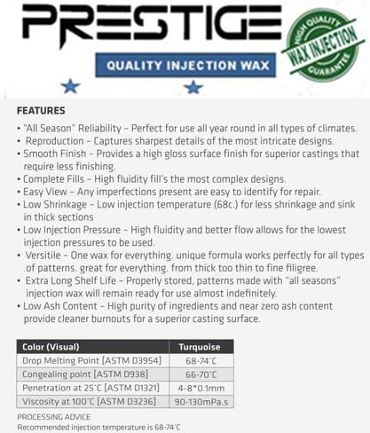 Prestige Light Blue Injection Wax 1 lb – Jewelry Casting Wax for Gold, Silver & Platinum, Low Shrinkage, High Detail, Clean Burnout in Kuwait