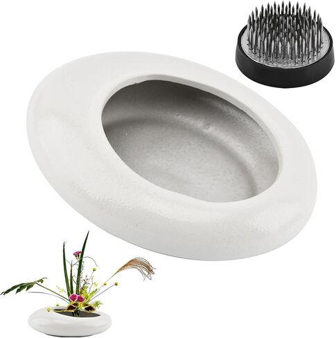 Flower Frog Vase Kit, Japanese Ikebana Flower Arrangement with 1.57 Inch Kenzan Ceramic White Pebble Shaped Bowl, 2-in-1 Flowers Arrangement Kenzan Needle Straightening Tool(Color:Green) in Kuwait