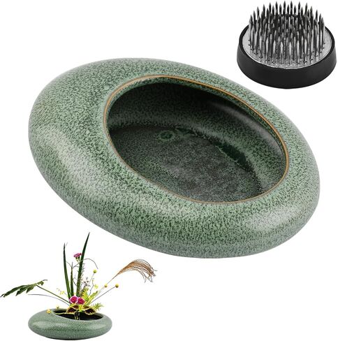 Flower Frog Vase Kit, Japanese Ikebana Flower Arrangement with 1.57 Inch Kenzan Ceramic White Pebble Shaped Bowl, 2-in-1 Flowers Arrangement Kenzan Needle Straightening Tool(Color:Green) in Saudi Arabia