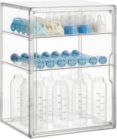 HBlife Baby Bottle Storage Organizer for Countertop Cabinet, 3 Tiers Adjustable Clear Acrylic Bottles Storage Station Case Box Container with 2 Removable Dividers and Magnetic Door, Large in Saudi Arabia