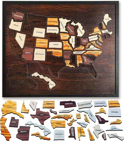 Wooden USA Travel Map Puzzle, United States Journey Tracker with Removable 50 State Pieces, Wall Art Decor for Home Office, Interactive Pin Board Gifts for Couples Families RV Travel, 12 x 10 Inch in Kuwait