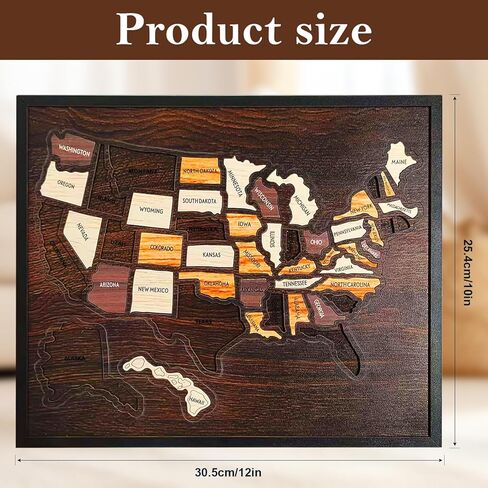 Wooden USA Travel Map Puzzle, United States Journey Tracker with Removable 50 State Pieces, Wall Art Decor for Home Office, Interactive Pin Board Gifts for Couples Families RV Travel, 12 x 10 Inch in Kuwait
