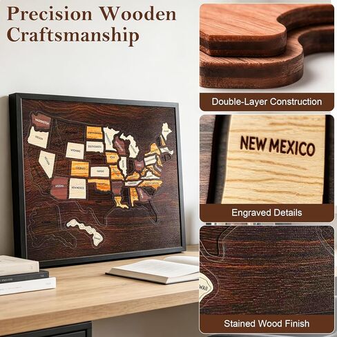 Wooden USA Travel Map Puzzle, United States Journey Tracker with Removable 50 State Pieces, Wall Art Decor for Home Office, Interactive Pin Board Gifts for Couples Families RV Travel, 12 x 10 Inch in Kuwait