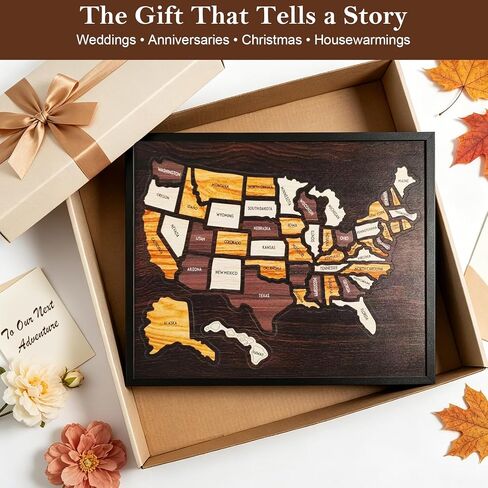 Wooden USA Travel Map Puzzle, United States Journey Tracker with Removable 50 State Pieces, Wall Art Decor for Home Office, Interactive Pin Board Gifts for Couples Families RV Travel, 12 x 10 Inch in Kuwait
