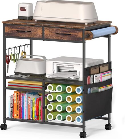 Rolling Craft Cart with 16 Vinyl Roll Holders, Craft Workstation Table with Drawers & Storage, Mobile Craft Cart Compatible with Cricut Machines, with Hooks & Shelves for Craft Room, Home, DIY (Brown) in Kuwait