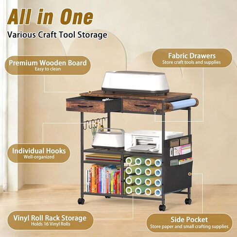 Rolling Craft Cart with 16 Vinyl Roll Holders, Craft Workstation Table with Drawers & Storage, Mobile Craft Cart Compatible with Cricut Machines, with Hooks & Shelves for Craft Room, Home, DIY (Brown) in Kuwait