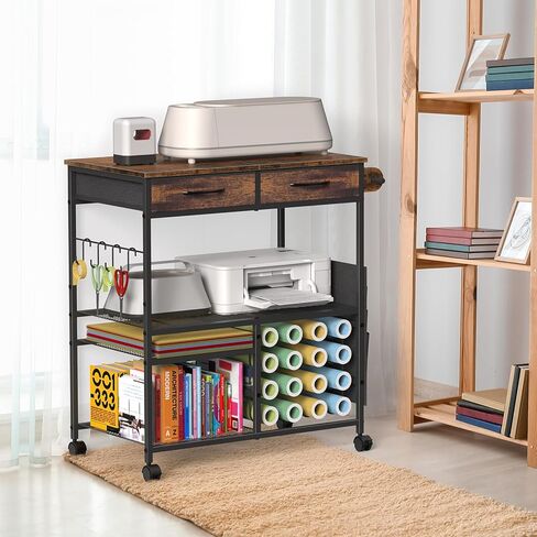 Rolling Craft Cart with 16 Vinyl Roll Holders, Craft Workstation Table with Drawers & Storage, Mobile Craft Cart Compatible with Cricut Machines, with Hooks & Shelves for Craft Room, Home, DIY (Brown) in Kuwait