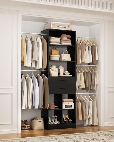 Besiost Small Closet System, 3.2-6.8FT Small Closet Organizer with 2 Wooden Drawers & 5 Hanging Rods, Can Fit 37.5 to 81.9 inch Walk-in Closet System, Built-in, Black, Enclosed Storage Volume 2.32 ft³ in Kuwait
