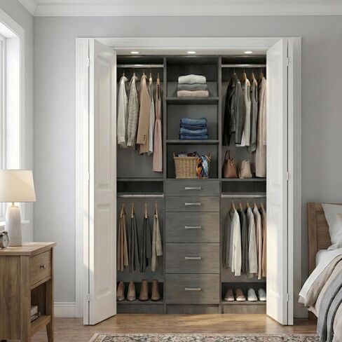 MC Modular Closets 75 in. W Wood Closet System, Closet Organizer with Double Hang, 5 Drawers and Adjustable Shelves, White, Reach-In or Walk-In Closet in Kuwait