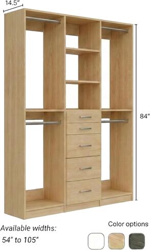 MC Modular Closets 75 in. W Wood Closet System, Closet Organizer with Double Hang, 5 Drawers and Adjustable Shelves, White, Reach-In or Walk-In Closet in Kuwait