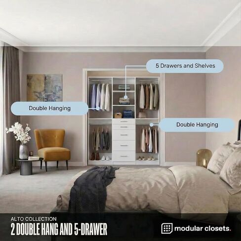MC Modular Closets 75 in. W Wood Closet System, Closet Organizer with Double Hang, 5 Drawers and Adjustable Shelves, White, Reach-In or Walk-In Closet in Kuwait