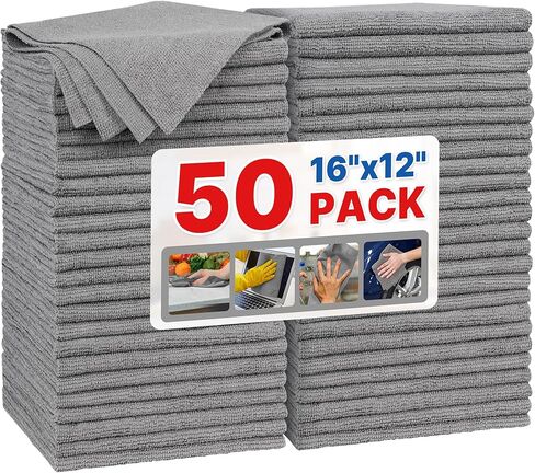FIXSMITH Grey Microfiber Cleaning Cloth -Pack of 50, 16"X12" Cleaning Rags for Housekeeping and Kitchen, Reusable Shop Towels for Car, Lint Free, Scratch-Free, Highly Absorbent Microfiber Towels in Saudi Arabia