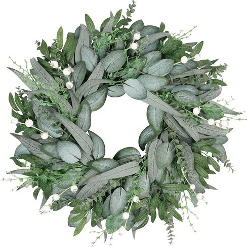 20" Faux Round Boxwood Wreath, Vlorart Artificial Boxwood Wreath Front Door Wreaths Artificial Spring Summer Greenery Hanging with A Plaid Bow for Front Door Wall Hanging Window Wedding Party Decor in Saudi Arabia