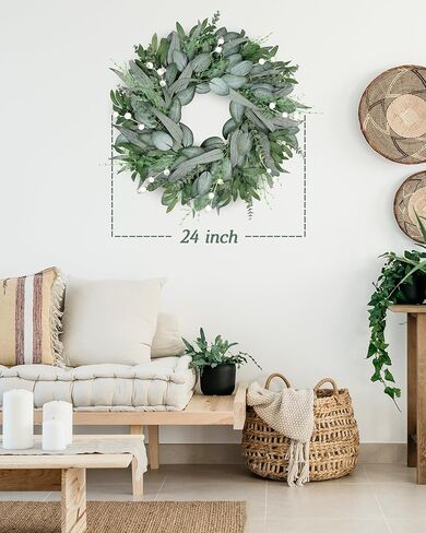 20" Faux Round Boxwood Wreath, Vlorart Artificial Boxwood Wreath Front Door Wreaths Artificial Spring Summer Greenery Hanging with A Plaid Bow for Front Door Wall Hanging Window Wedding Party Decor in Saudi Arabia
