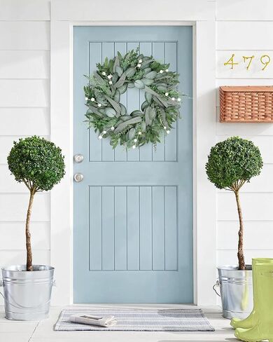 20" Faux Round Boxwood Wreath, Vlorart Artificial Boxwood Wreath Front Door Wreaths Artificial Spring Summer Greenery Hanging with A Plaid Bow for Front Door Wall Hanging Window Wedding Party Decor in Saudi Arabia