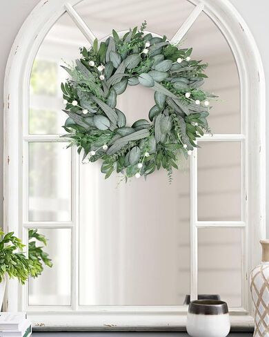20" Faux Round Boxwood Wreath, Vlorart Artificial Boxwood Wreath Front Door Wreaths Artificial Spring Summer Greenery Hanging with A Plaid Bow for Front Door Wall Hanging Window Wedding Party Decor in Saudi Arabia