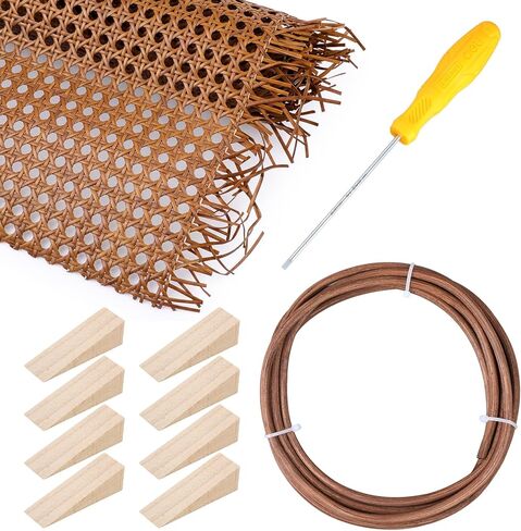Leriton Rattan Repair Kits with 1 PC 14 Inch x 3.3 Feet Cane Webbing Roll, 1 PC 1/5 Inch Cane Webbing Spline & Caning Chisel, 8 Wooden Wedges for Chair, Cabinet, Home Caning Furniture Repair in Kuwait