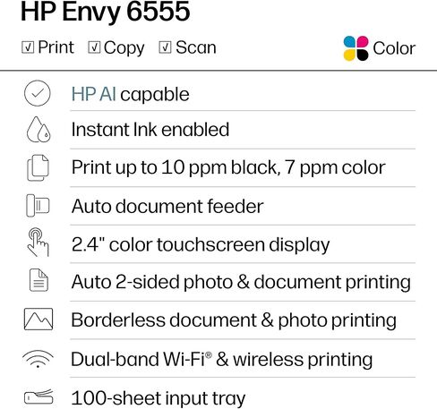 طابعة HP Envy 6555 اللاسلكية النافثة للحبر الملونة الكل في واحد، الطباعة والمسح الضوئي والنسخ والطباعة على الوجهين الأفضل للمنزل، تجربة 3 أشهر من الحبر الفوري المتضمن، AI-Cable (C2XR6A) Portobello in Kuwait