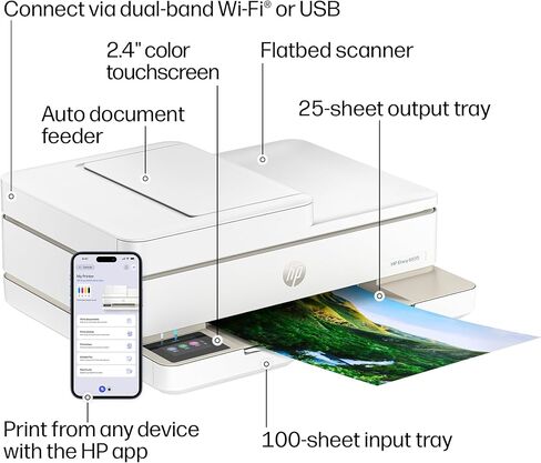طابعة HP Envy 6555 اللاسلكية النافثة للحبر الملونة الكل في واحد، الطباعة والمسح الضوئي والنسخ والطباعة على الوجهين الأفضل للمنزل، تجربة 3 أشهر من الحبر الفوري المتضمن، AI-Cable (C2XR6A) Portobello in Kuwait