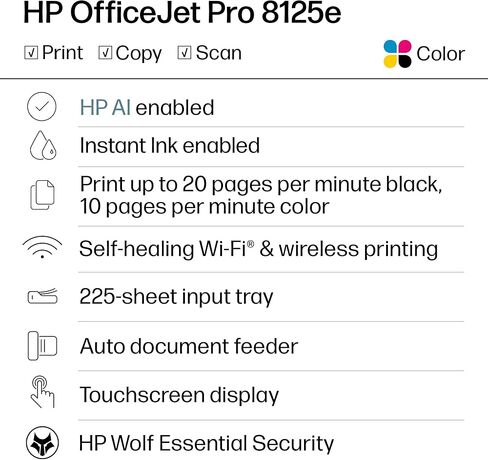 طابعة HP OfficeJet Pro 8125e اللاسلكية الكل في واحد نافثة للحبر الملونة، المكتب المنزلي، الطباعة/المسح الضوئي/النسخ، ADF، الطباعة على الوجهين، تمكين الذكاء الاصطناعي (متجدد) in Kuwait
