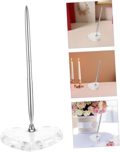 Silver Signing Pen with Heart-shaped Acrylic Base, Guest Book Signing Desk Ballpoint Pen for Wedding Ceremony, Engagement and Reception Use in Kuwait