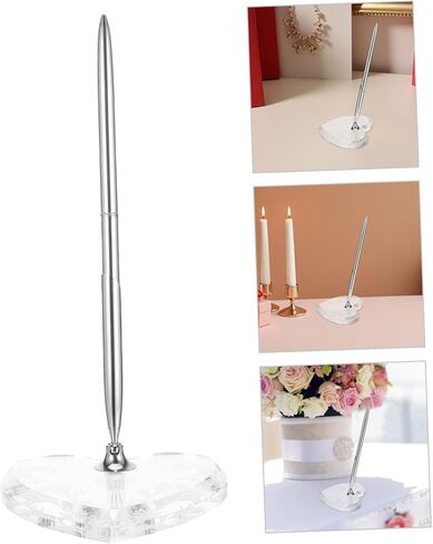 Wedding Signing Ballpoint Pen with Heart-shaped Acrylic Base, Silver Metal Reception Desk Sign-in Pen for Bridal, Engagement, and Anniversary Guest Book in Kuwait