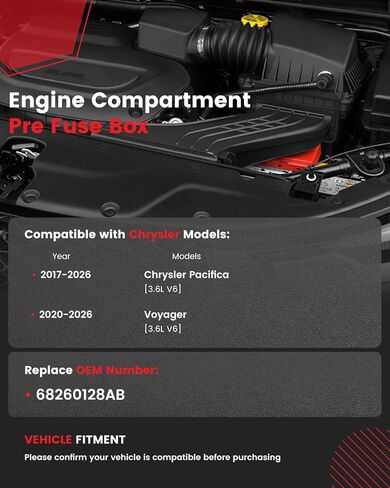 68260128AB Pre Fuse Box, Engine Bay Battery Distribution Fuse Block, Compatible with Chrysler Pacifica 2017-2026/Voyager 2020-2026 Red & Black in Kuwait