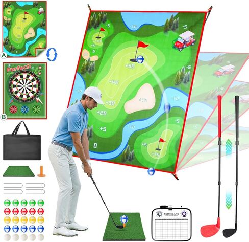 2-in-1 Golf Chipping Game Set, 4.5 x 6 FT Double-Sided Practice Mat with Oversize & Standard Adjustable Golf Clubs, Sticky Balls for Indoor Outdoor Backyard, Great Gift for Adults, Juniors & Beginners in Kuwait