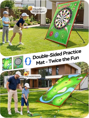 2-in-1 Golf Chipping Game Set, 4.5 x 6 FT Double-Sided Practice Mat with Oversize & Standard Adjustable Golf Clubs, Sticky Balls for Indoor Outdoor Backyard, Great Gift for Adults, Juniors & Beginners in Kuwait