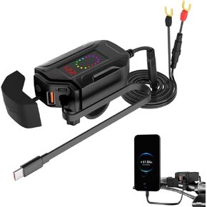 Motorcycle Phone Charger, Upgrade 30W PD Type-C 18W USB 3 Ports with 28'' Telescopic Charging Cable & Voltmeter & Switch, IP65 Waterproof Motorcycle Accessories for Phone Tablet GPS (Black) in Kuwait