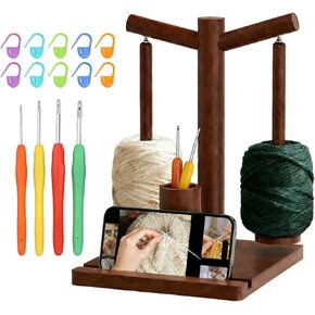 Wooden Yarn Holder,Magnetic Rotating Yarn Spinning Machine with 2 Spindles and Mobile Phone Holder Crochet Accessories Crochet Lock Needle Crochet Gifts for Knitting Enthusiasts in Kuwait
