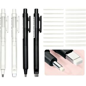 4 Pack Retractable Mechanical Eraser Pen Set (2 Black, 2 White) with 20 Refills (10 Rectangular,10 Round Tips), Precision Erasers for Artists Drawing, Office & Students in Kuwait