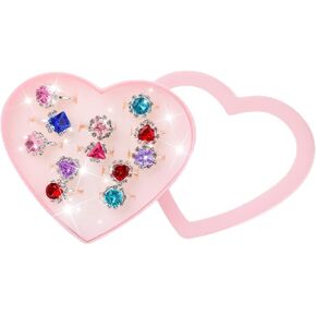 Hifot 12 pcs Girls Crystal Adjustable Rings, Princess Jewelry Finger Rings with Heart Shape Box, Girl Pretend Play and Dress up Rings for Children Kids Little Girls - Random in Saudi Arabia