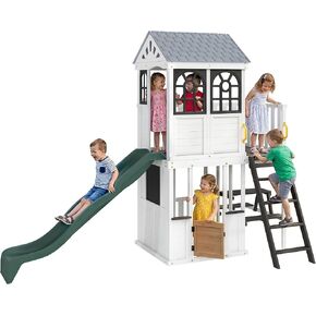 Qaba Two-Story Outdoor Wooden Playhouse for Kids with Slide, Picnic Table & Bench, Play Kitchen, Ladder, Lookout Platform for Age 2+ Backyard Play, White in Kuwait
