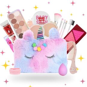 The.Linivya Kids Makeup Kit for Girls & Teens | 18-Piece Washable Makeup Set with Unicorn Fur Multicolor Bag | Safe, Non-Toxic Birthday Gift for Ages 6–16 in Kuwait