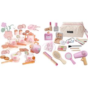 19PCS Wooden Makeup Toy Set for Toddler & Wooden Tea Set for Little Girls in Saudi Arabia