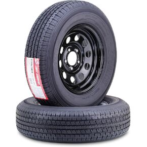 مجموعة عجلة إطارات المقطورة المجانية ST205/75R15 10 طبقات E 110M شديدة التحمل 2400 رطل مع 5 عروة على حافة PCD سوداء مقاس 4.5 بوصة، مجموعة 2 in Kuwait