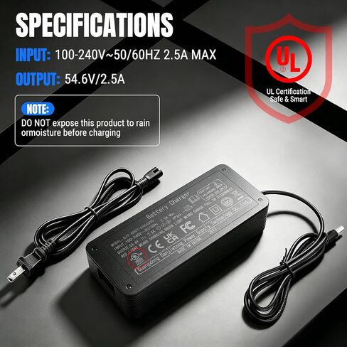 UL Certified 54.6V 2.5A 3-Pin Fast Charger Compatible with TST R002/ ROO2S E-Bike, Upgraded Smart Battery Power Adapter, Waterproof Multi-Protection Overcurrent Overheat Charging Replacement in Kuwait