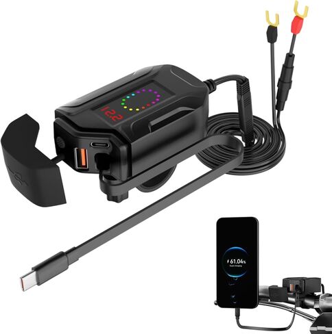 شاحن هاتف للدراجات النارية، ترقية 30 وات PD Type-C 18 وات USB 3 منافذ مع كابل شحن تلسكوبي 28 بوصة وفولتميتر ومفتاح، ملحقات دراجة نارية مقاومة للماء IP65 للهاتف اللوحي GPS (أسود) in Kuwait