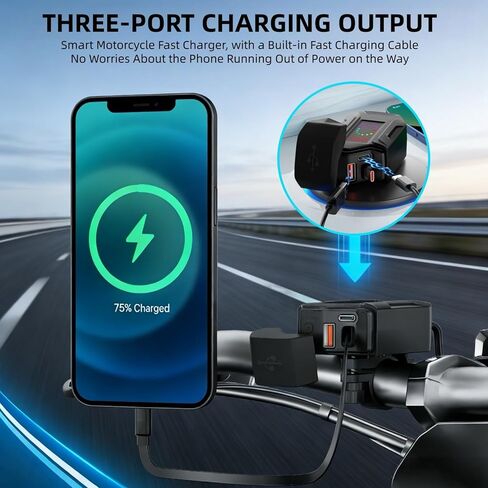شاحن هاتف للدراجات النارية، ترقية 30 وات PD Type-C 18 وات USB 3 منافذ مع كابل شحن تلسكوبي 28 بوصة وفولتميتر ومفتاح، ملحقات دراجة نارية مقاومة للماء IP65 للهاتف اللوحي GPS (أسود) in Kuwait