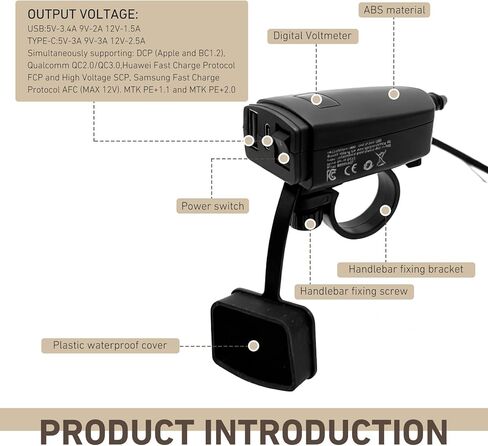 1 SET Motorcycle USB Type C Power Adapter, Fast Phone Tablet with 12V Voltmeter, Plug and Play Dual Port with Waterproof Protective Cover, Universal for 0.75-0.87 Handlebar (Black) in Kuwait