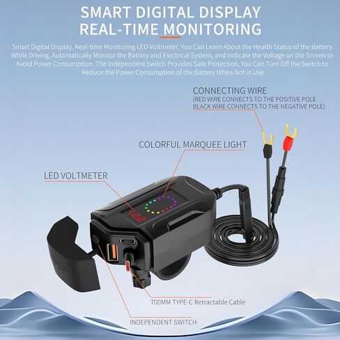 شاحن هاتف للدراجات النارية، ترقية 30 وات PD Type-C 18 وات USB 3 منافذ مع كابل شحن تلسكوبي 28 بوصة وفولتميتر ومفتاح، ملحقات دراجة نارية مقاومة للماء IP65 للهاتف اللوحي GPS (أسود) in Kuwait