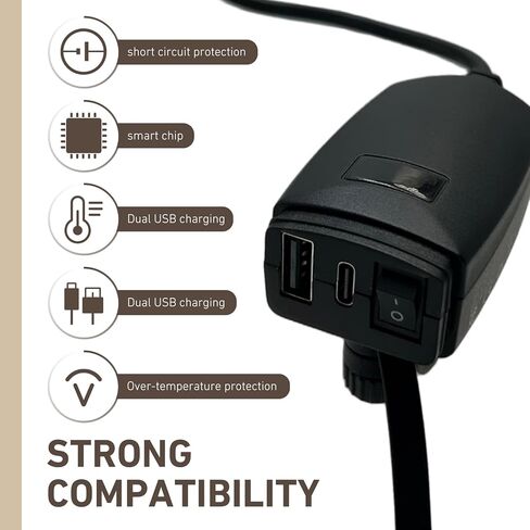 1 SET Motorcycle USB Type C Power Adapter, Fast Phone Tablet with 12V Voltmeter, Plug and Play Dual Port with Waterproof Protective Cover, Universal for 0.75-0.87 Handlebar (Black) in Kuwait