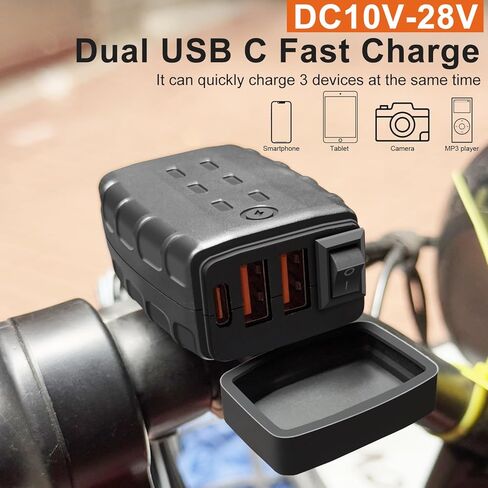 مقبس شاحن سيارة USB للدراجات النارية شحن سريع 2 USB/2.4A+Type C/2.4A مع مفتاح وLED، DC10V-28V مقاوم للماء للدراجات النارية USB مع كابل شحن USB 3A للقارب/التخييم/الشاحنة/القافلة in Kuwait