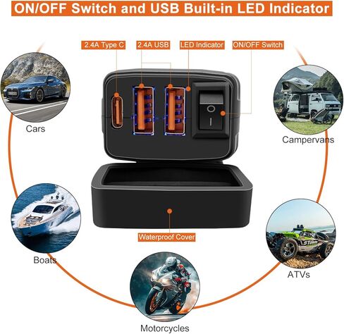 Motorcycle USB Phone Fast Charger Socket Charging 2 USB+Type-C with ON/Off Switch and LED,Waterproof SAE to Port Adapter Handlebar Install Accessories 10A Fuse for Cars/Boats/RV/Vans/Caravans in Kuwait