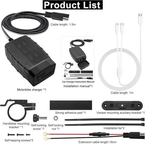 Motorcycle USB Phone Fast Charger Socket Charging 2 USB+Type-C with ON/Off Switch and LED,Waterproof SAE to Port Adapter Handlebar Install Accessories 10A Fuse for Cars/Boats/RV/Vans/Caravans in Kuwait