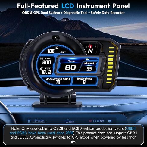 شاشة عرض رأسية للسيارات، عداد سرعة ثنائي النظام obd2 + gps مع درجة القيادة والتحكم في الإيماءات، شاشة عرض مقياس obd2 مع مقياس سرعة الدوران، درجة حرارة الماء، فولت، إنذار للسرعة الزائدة والتعب in Kuwait