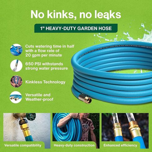 Aeromixer THE HOSE - خرطوم حديقة 1 بوصة بطول 50 قدمًا مع مجموعة محول لـ 3/4 حنفية، خراطيم حديقة تجارية بدون ربط، خراطيم مياه صناعية شديدة التحمل للأماكن الخارجية، أداة سقي عالية الضغط 650 رطل لكل بوصة مربعة in Kuwait