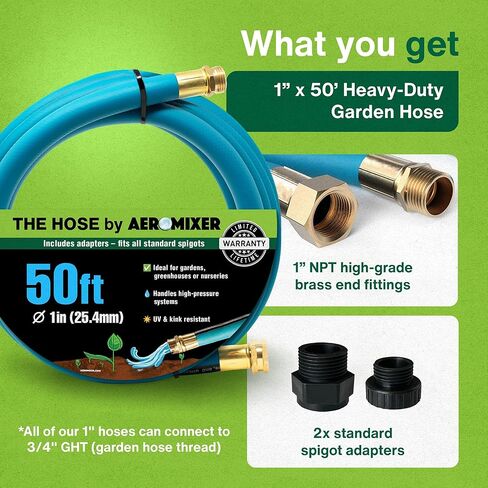 Aeromixer THE HOSE - خرطوم حديقة 1 بوصة بطول 50 قدمًا مع مجموعة محول لـ 3/4 حنفية، خراطيم حديقة تجارية بدون ربط، خراطيم مياه صناعية شديدة التحمل للأماكن الخارجية، أداة سقي عالية الضغط 650 رطل لكل بوصة مربعة in Kuwait