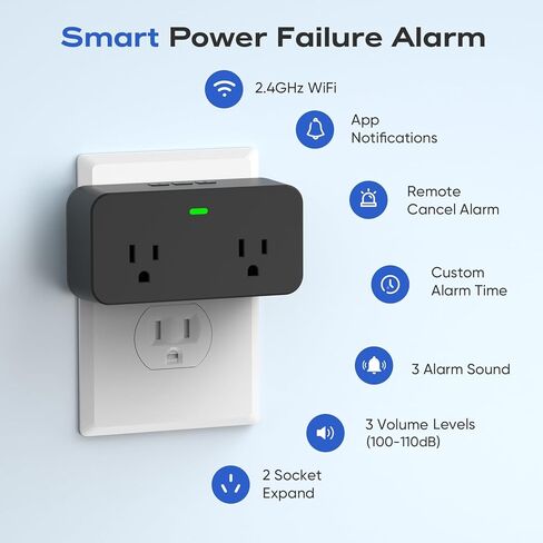 Power Failure Alarm WiFi, Newest Smart Power Outage Alarm with App Remote Cancel Device Alert & Custom Alert Time, 2 Sockets Home Power Loss Alarm for Freezer, GFCI Trips, Sump Pump, Pet Feeder in Kuwait